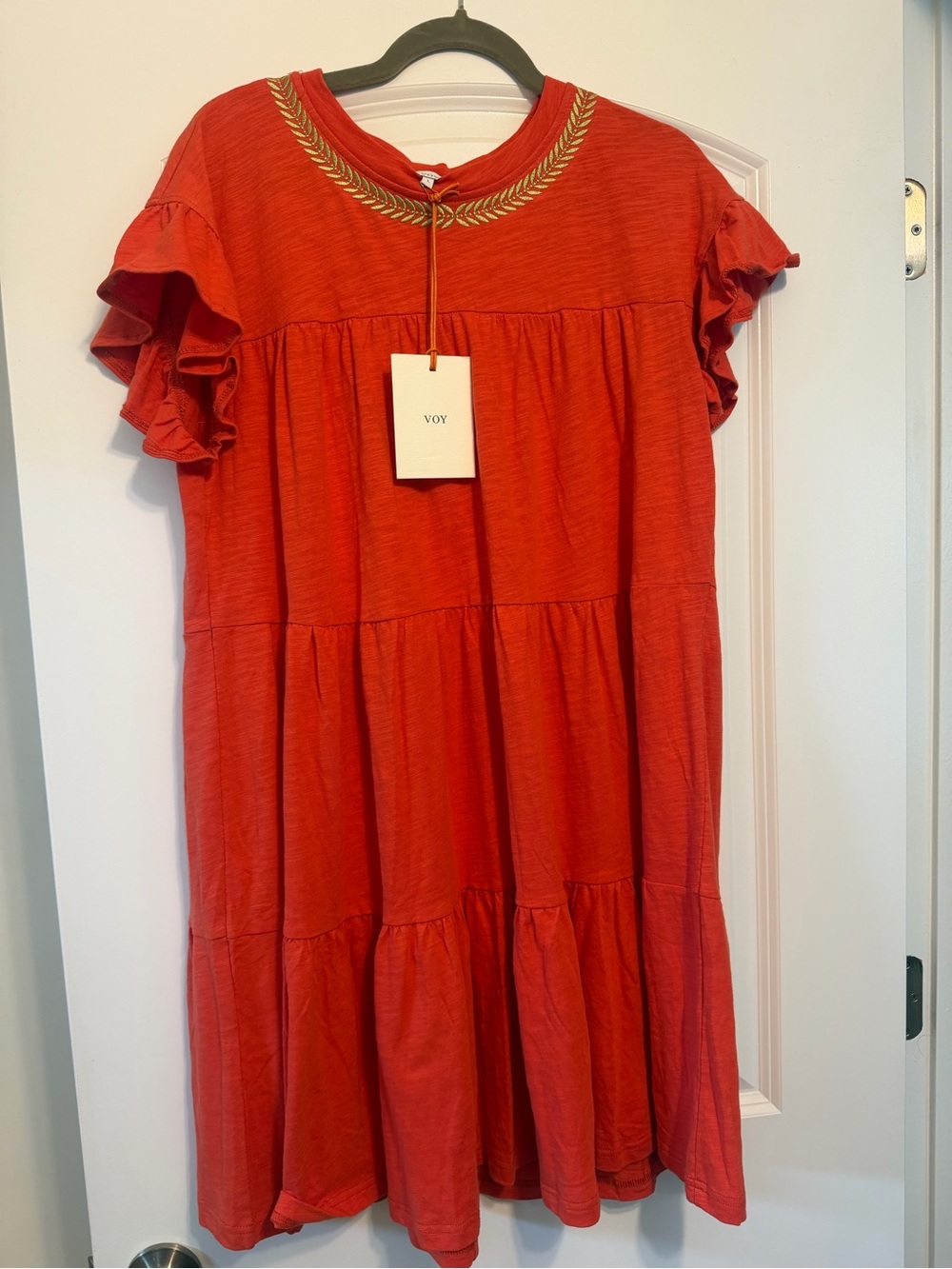 VOY Orange Tiered Ruffle-Sleeve Casual Dress with Embroidered Neckline, NWT